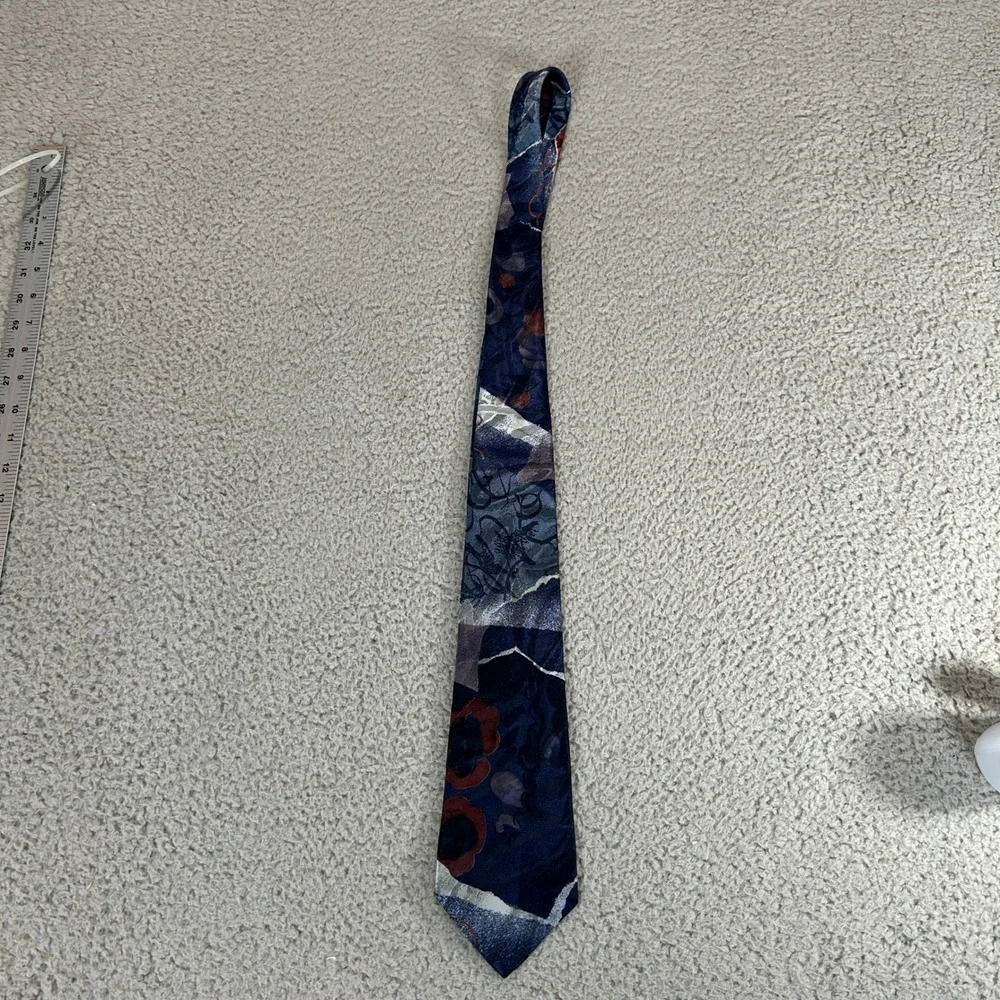 Vintage Towncraft Mens‎ Abstract Geometric Silk Feel Tie Blue Burgundy Gray 5145